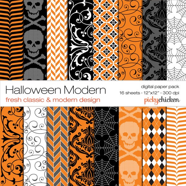 Halloween Digital Paper - modern prints damask, skulls, orange, black 12x12 scrapbook Instant Download 8029