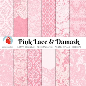 Pizzo di carta digitale rosa e damasco su carta di lino formato A4 - 12 fondali fotografici, carte scrapbook damascate rosa, matrimonio in pizzo rosa 8117