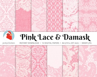 Pink Digital Paper Lace & Damask on Linen A4 paper size - 12 photography backdrops, pink damask scrapbook papers, pink lace wedding  8117