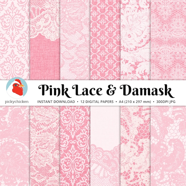 Pink Digital Paper Lace & Damask on Linen A4 paper size - 12 photography backdrops, pink damask scrapbook papers, pink lace wedding  8117