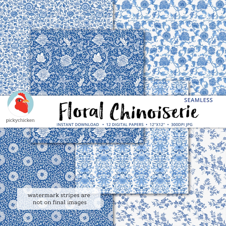 Chinoiserie Floral Digital Paper, seamless French flower patterns, blue and white, Chinese, sublimation decoupage photography backdrop 8114 image 2