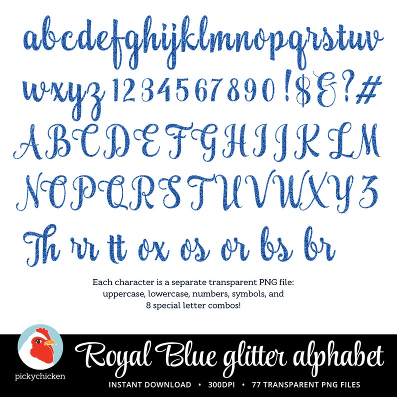 May include: Royal blue glitter alphabet with uppercase and lowercase letters, numbers, and symbols. Each character is a separate transparent PNG file. There are 8 special letter combinations.