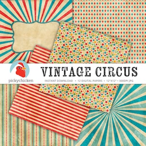 Circus Digital Paper vintage circus party, carnival, stripes, diamonds, giraffe, elephant, clown, sunburst photography backdrop 8082 image 3