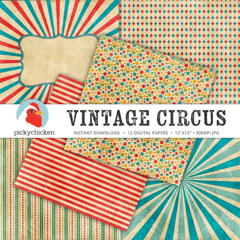 Circus Digital Paper vintage circus party, carnival, stripes, diamonds, giraffe, elephant, clown, sunburst photography backdrop 8082 image 3