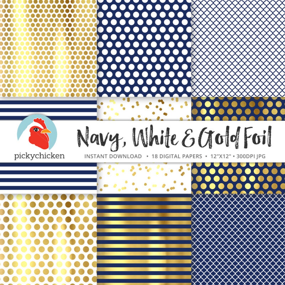 Gold Digital Paper Faux Gold Foil Navy &amp; White Dots - Etsy