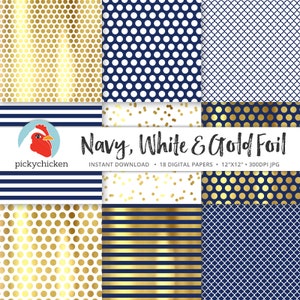 Gold Digital Paper faux gold foil, navy & white dots stripes confetti moroccan trellis blue nautical preppy photography backdrop 8085 image 3