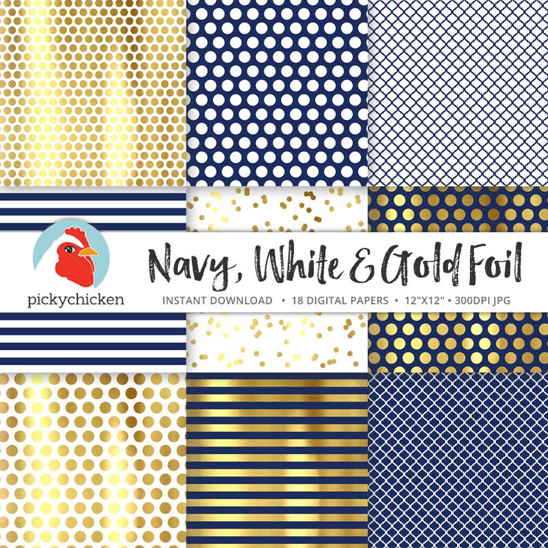 Gold Digital Paper faux gold foil, navy & white dots stripes confetti moroccan trellis blue nautical preppy photography backdrop 8085 image 3