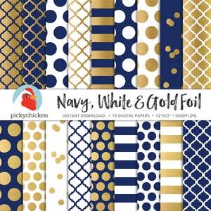 Gold Digital Paper - faux Goldfolie, Navy & Weiss - Punkte Streifen Konfetti marokkanischen Spalier blau nautischen adrette Fotografie Kulisse 8085