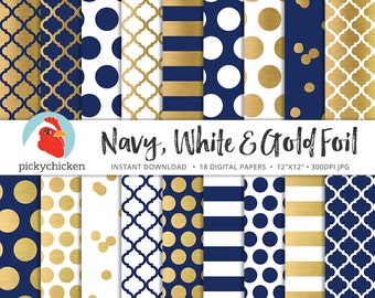 Gold Digital Paper - faux gold foil, navy & white - dots stripes confetti moroccan trellis blue nautical preppy photography backdrop 8085