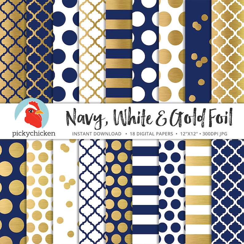 Gold Digital Paper faux gold foil, navy & white dots stripes confetti moroccan trellis blue nautical preppy photography backdrop 8085 image 1