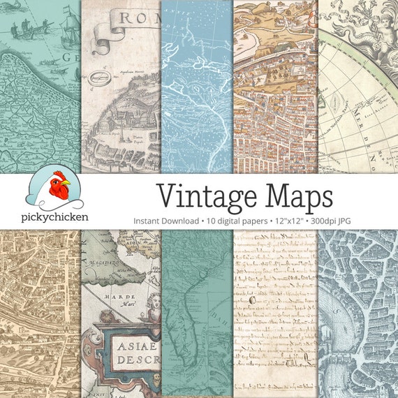 Vintage Map Digital Paper, scrapbook backgrounds