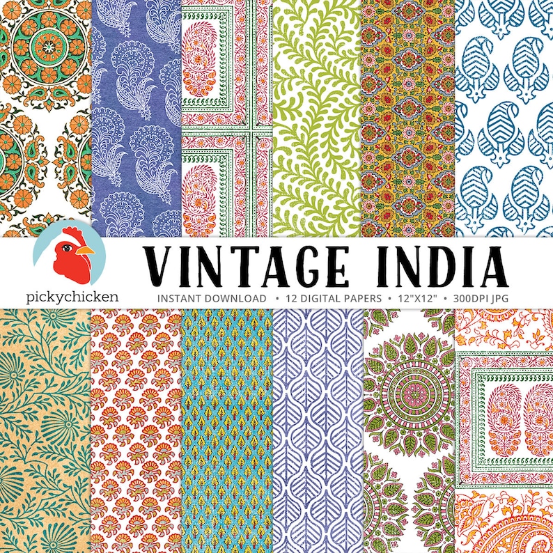 Indian Digital Paper vintage botanical patterns, paisley, ethnic, mandala, leaf, vines, woodblock, stamps dye sublimation 8102 image 1