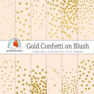 Gold Konfetti auf erröten Digitalpapier - Sterne faux Goldfolie Hochzeit Pfirsich-rosa-Aprikose Tupfen Instant Download 8074