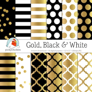 Oro Digital papel - blanco y negro, glam oro puntos oro rayas de fondo de fotografía oro imitación de enrejado marroquí confeti 8070 imprimible