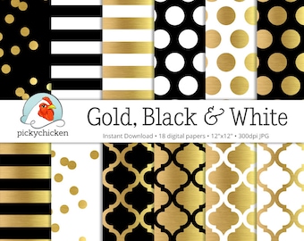 Gold Foil Digital Paper - Gold Black & White, gold glam dots stripes confetti moroccan trellis faux gold photography backdrop printable 8070