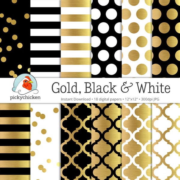 Gold Foil Digital Paper - Gold Black & White, gold glam dots stripes confetti moroccan trellis faux gold photography backdrop printable 8070