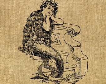 Vintage Mermaid - 8x10 digital INSTANT DOWNLOAD vintage illustration downloadable printable image burlap 3042