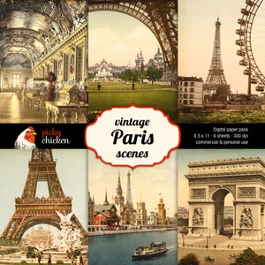 vintage Paris Scenes - Digital Scrapbook Paper 8.5x11 Collage Sheet antique Français scenes background Téléchargement instantané 8011