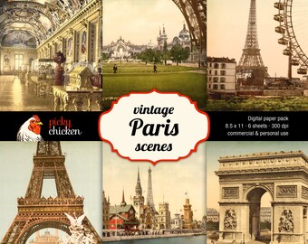 Vintage Paris Scenes - Digital Scrapbook Carta 8.5x11 Collage Foglio antico scene francesi sfondo Instant Download 8011