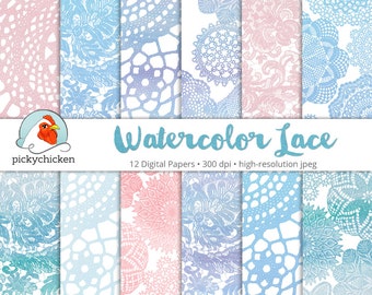 Watercolor Lace digital paper - paint tie dye vintage crochet background textured paper photography backdrop scrapbook Instant Download 8079