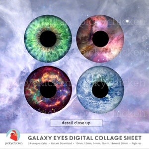 Digitalt collageark med ögon - Galax, rymd, stjärnor, astronomi, regnbåge, clipart - cirklar 10 mm, 12 mm, 14 mm, 16 mm, 18 mm, 20 mm, direkt nedladdning 2138 bild 3