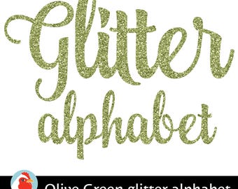 Olive Green Glitter Digital Alphabet - download sparkle script handwriting, camo, earth, clip art letters dye sublimation dyesub 5050