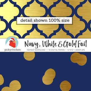 Gold Digital Paper faux gold foil, navy & white dots stripes confetti moroccan trellis blue nautical preppy photography backdrop 8085 image 4