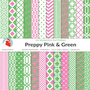 Preppy Pink & Green digitales nahtloses Papier - Palm Beach japanische Chinoiserie-Glieder mit Hahnentrittmuster, kachelbares Wiederholungsmuster 8118