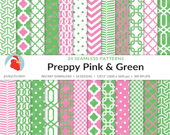 Preppy Pink & Green digital seamless paper - Palm Beach japanese chinoiserie links houndstooth trellis tileable repeat design 8047