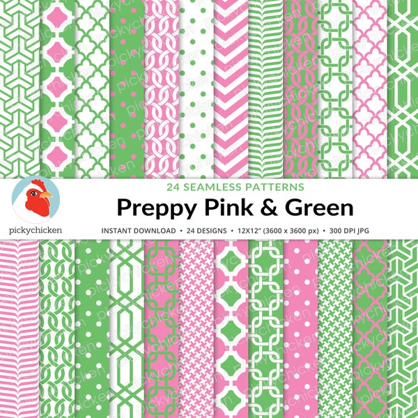 Preppy Pink & Green digital seamless paper - Palm Beach japanese chinoiserie links houndstooth trellis tileable repeat design 8118