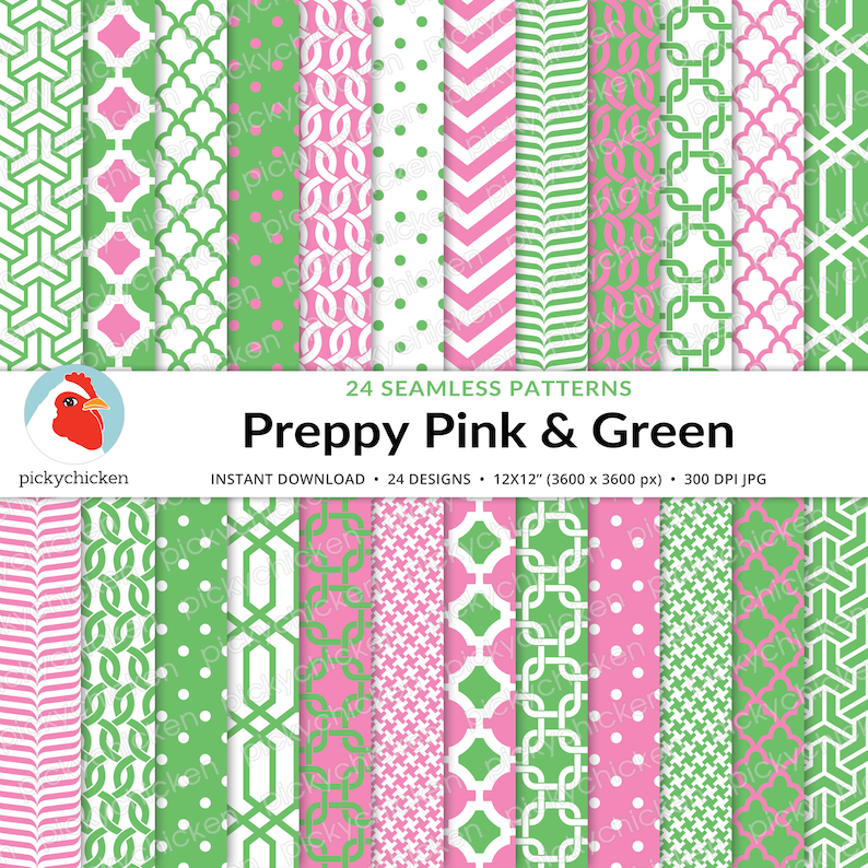 Preppy Pink & Green digital seamless paper Palm Beach japanese chinoiserie links houndstooth trellis tileable repeat design 8118 image 1