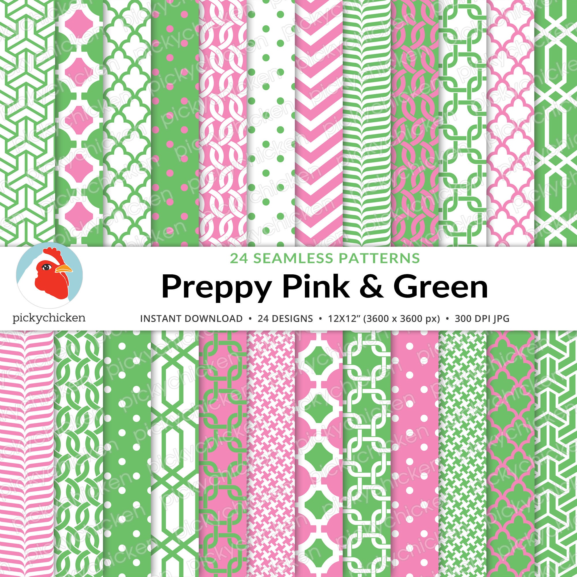 Pink & Green Sorority digital papers, pink seamless summer