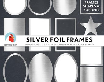 Silver Digital Frames - faux silver foil frames, labels, silver clip, silver borders, geometric borders clipart Instant Download 5048