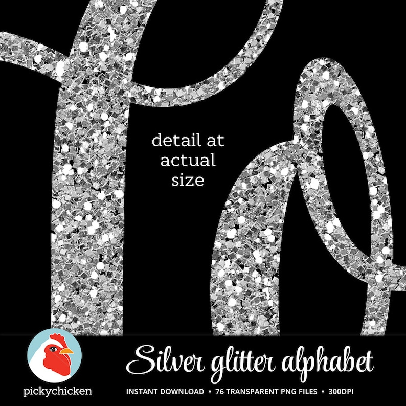 Silver Glitter Alphabet Silver Alphabet sparkly script handwriting, glitter clip art letters dye sublimation dyesub 5033 image 3
