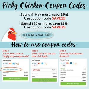 May include: A graphic showing how to use coupon codes for a chicken restaurant. The graphic features a cartoon chicken and a step-by-step guide on how to apply the coupon codes at checkout. The coupon codes are SAVE25 for 25% off orders of &pound;10 or more and SAVE35 for 35% off orders of &pound;20 or more.