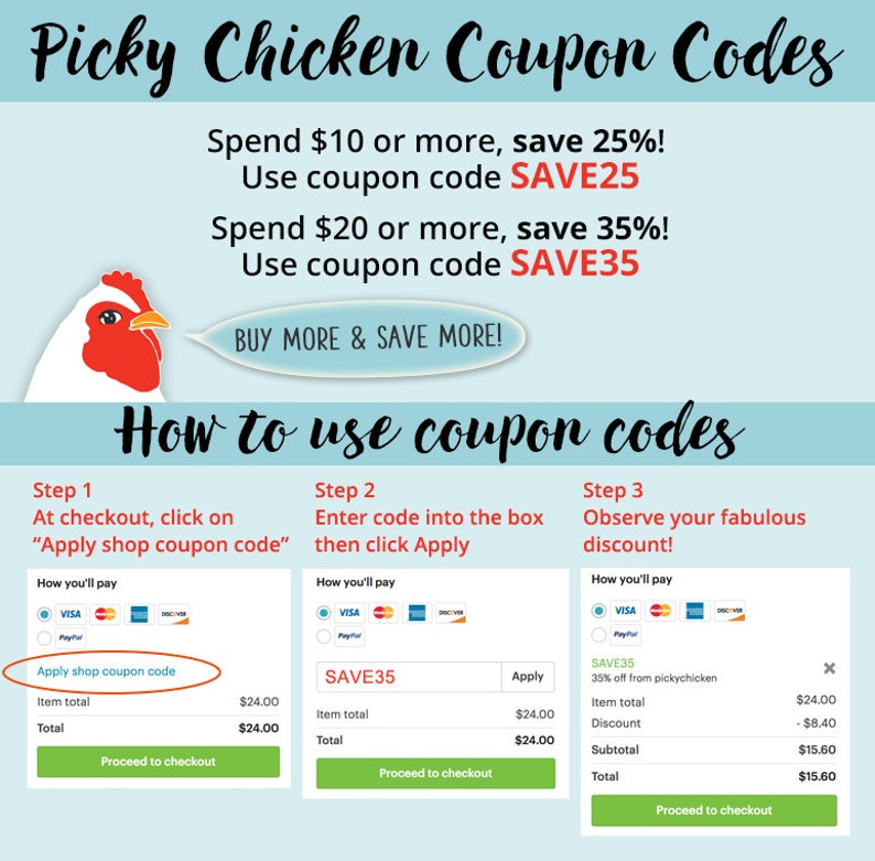 May include: A graphic showing how to use coupon codes for a chicken restaurant. The graphic features a cartoon chicken and a step-by-step guide on how to apply the coupon codes at checkout. The coupon codes are SAVE25 for 25% off orders of &pound;10 or more and SAVE35 for 35% off orders of &pound;20 or more.