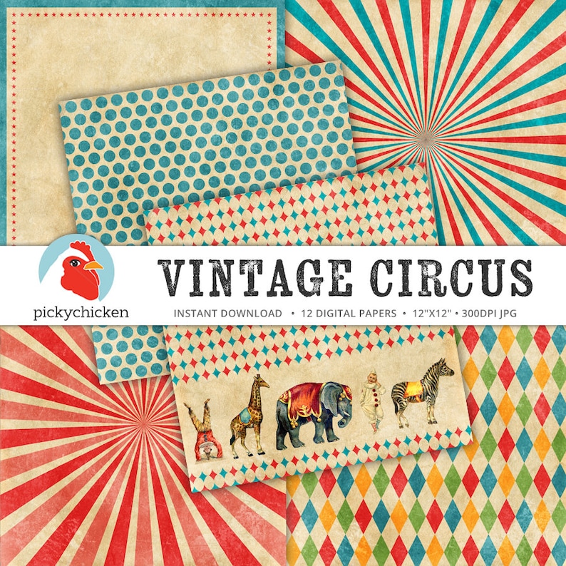 Circus Digital Paper vintage circus party, carnival, stripes, diamonds, giraffe, elephant, clown, sunburst photography backdrop 8082 image 2