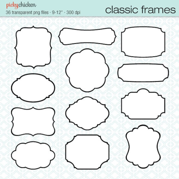 36 Classic Frames - black white digital printable labels  clip art tags borders wedding invitation clipartInstant Download 5003