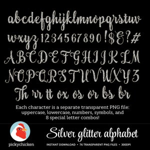 Silver Glitter Alphabet Silver Alphabet sparkly script handwriting, glitter clip art letters dye sublimation dyesub 5033 image 2