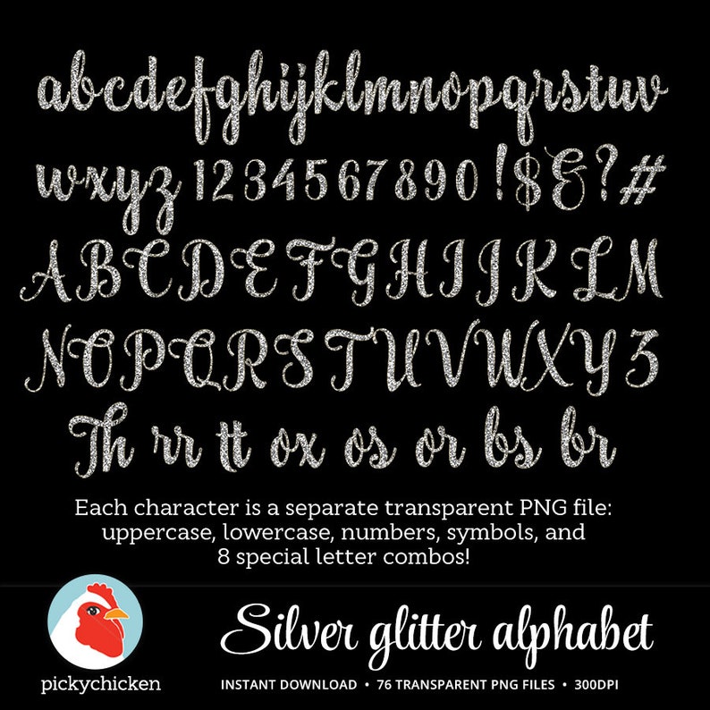 Silver Glitter Alphabet Silver Alphabet sparkly script handwriting, glitter clip art letters dye sublimation dyesub 5033 image 2