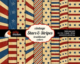 Stars & Stripes - Digital Background Paper vintage July 4th Patriotic American scrapbook Instant Download 8015
