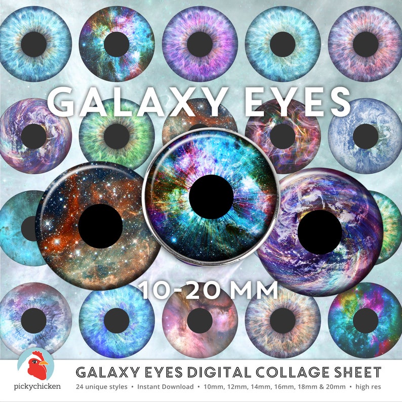 Digitalt collageark med ögon - Galax, rymd, stjärnor, astronomi, regnbåge, clipart - cirklar 10 mm, 12 mm, 14 mm, 16 mm, 18 mm, 20 mm, direkt nedladdning 2138 bild 1