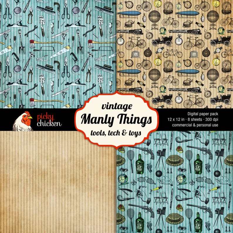 Manly Things Digital Scrapbook Paper Father's Day 12x12 car tools camera watch train blimp background Instant Download 8013 image 3