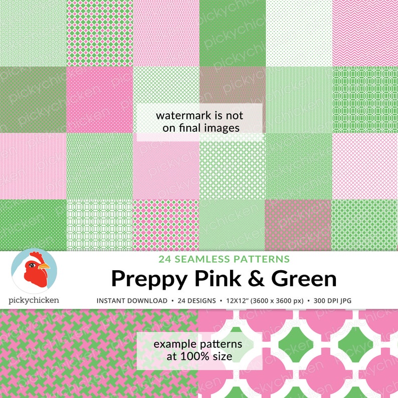 Preppy Pink & Green digital seamless paper Palm Beach japanese chinoiserie links houndstooth trellis tileable repeat design 8118 image 2