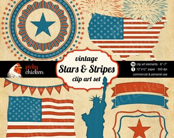 Stars & Stripes Clip Art Set - vintage July 4th Patriotic Independence Day muted red blue ivory Instant Download 5001