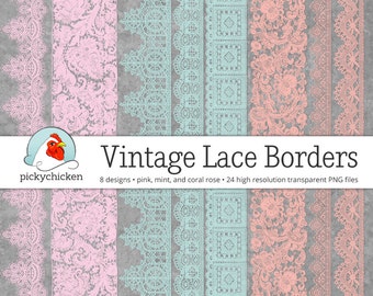 Vintage Lace Borders - pink lace borders, mint lace borders, coral lace, digital overlays, wedding clipart, printable Instant Download 5018