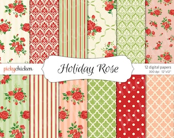 Rose Digital Paper - Holiday Rose shabby chic Christmas Valentines Day red pink green photography backdrop Instant Download 8036