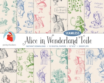 Alice in Wonderland Seamless Toile Digital Paper,Cheshire Cat, Mad Hatter, baby shower, birthday, photography backdrop tileable 8083