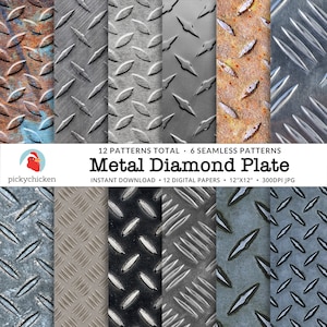 Metal Diamond Plate Digital Paper, Seamless Dye Sublimation Chrome Steel Industrial Construction Photography Backdrop 8113