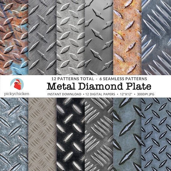 Metal Diamond Plate Digital Paper, 12 patterns / 6 seamless Dye Sublimation Chrome Steel Industrial Construction Photography Backdrop 8113